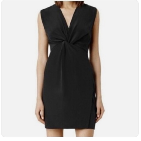 All Saints Salma Silk Mini Dress Sz 4 Black Twist Front V Neck Capsule Wardrobe - Picture 1 of 13